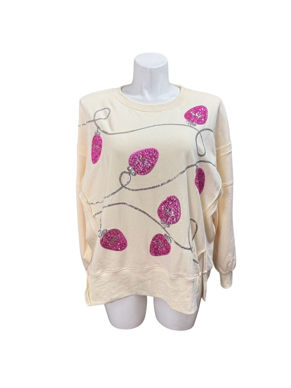 Peach Love California Womens Cream Pink Sequin Christmas Lights Sweatshirt L